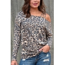 Casual Leopard Printed Long Sleeve Cold Shoulder Spaghetti Strap Relaxed Brown T-shirt for Women