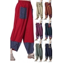 Basic Womens Pants Linen and Cotton Floral Printed Elastic Waist Ankle Oversize Pants