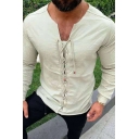 Unique Men's Shirt Solid Color Lace up Front Round Neck Long Sleeves Regular Fitted Shirt