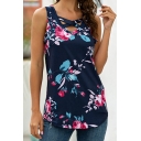 Fancy Girls Tank Flower Print Hollow Out V-neck Curved Hem Relaxed Tank Top
