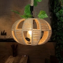 Hemp Rope Beige Hanging Light Pumpkin Shaped 1-Light Rustic Plant Pendant Lamp with Cutout Design