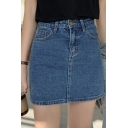 Trendy Women's Skirt Solid Color Zip Fly Side Pocket Fitted Mini Tube Denim Skirt