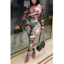 Trendy Women's Jumpsuit Transparent Graphic Pattern Mock Neck Long Sleeves Ankle Length Slim Fitted Jumpsuit