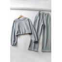 Trendy Women's Co-ords Solid Color Drawstring Hem Round Neck Long Sleeves High Waist Long Sweatpants