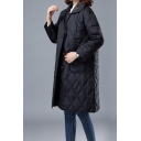 Fancy Women's Coat Quilted Solid Color Button-down Front Pocket Peter Pan Collar Long Sleeves Regular Fitted Midi Coat