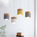 Macaron Cylinder Hanging Ceiling Light Metal Single Dining Room Drop Pendant in Grey/White/Khaki and Wood