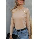 Womens Basic Long Sleeve Turtleneck Button Decorated Plain Fit T-shirt