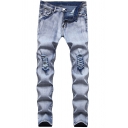 Trendy Men's Jeans Distressed Button Fly Side Pockets Regular Fitted Long Jeans with Washing Effect