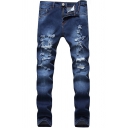Elegant Men's Jeans Distressed Detail Side Pockets Regular Fitted Mid Waist Long Jeans with Washing Effect