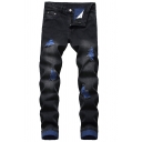 Retro Men's Jeans Color Block Mid Waist Pocket Detail Long Skinny Jeans with Washing Effect