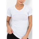 Fashionable Women's Tee Top Flatlock Stitching Solid Crew Neck Short-sleeved Fitted Yoga T-Shirt