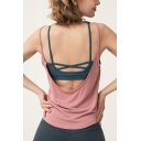 Elegant Women's Training Tank Top Contrast Color Criss Cross Hollow out Round Neck Sleeveless Backless Regular Fitted Yoga Cami Top