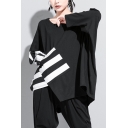 Girls Designer Tee Top Stripe Patched Asymmetric Hem Batwing Sleeve Round Neck Oversize T Shirt in Black