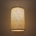 Minimalist 1 Bulb Pendant Lighting Fixture Beige Criss-Cross Woven Cylindrical Hanging Lamp with Bamboo Shade