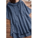 Fancy Womens Tee Top Plaid Tartan Pattern Button Detail Side Pocket Half Sleeves Split Hem Drawstring Hooded T-Shirt
