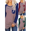 Womens Leisure T Shirt Stripe Pattern Long Sleeve Round Neck Relaxed Tee Top