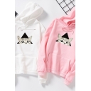 Fancy Women's Hoodie Cat Print Front Pocket Long Sleeves Regular Fitted Hooded Sweatshirt