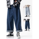 Fashionable Mens Solid Color Jeans Mid Rise Roll Up Cuffs Wide-leg Jeans