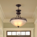 Classic Bowl Pendant Chandelier 3-Bulb Frosted Glass Hanging Lamp with Filigree Trim in Black