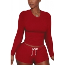 Basic Women's Set Solid Color Round Neck Long Sleeves Slim Fitted Tee Top with Drawstring Waist Shorts Co-ords