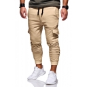 Trendy Men's Pants Solid Color Flap Pockets Ankle Tied Drawstring Low Waist Regular Fitted Long Pants