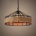 1-Light Pendant Ceiling Lamp Cottage Dining Room Hanging Light with Barn Roped Shade in Black