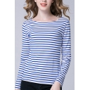 Fancy Women's Tee Top Horizontal Stripe Pattern Boat Neck Long Sleeves Regular Fitted T-Shirt