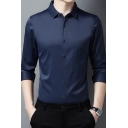 Mens Business Shirt Chic Plain Non-Ironing Button down Slim Fit Long Sleeve Spread Collar Shirt
