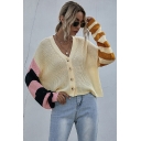 Cozy Girls Stripe Print Long Sleeve V-neck Button Front Knitted Loose Cardigan in Apricot