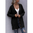 Solid Color Long Sleeve Button-up Slit Side Knitted Long Simple Cardigan for Women