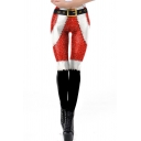 Trendy Women's Leggings 3D Christmas Belt Pattern Contrast Panel Mid Waist Full Length Skinny Leggings
