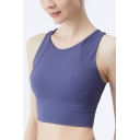 Leisure Women's Training Tank Top Solid Color Flatlock Stitching Crew Neck Sleeveless Fitted Yoga Crop Top