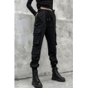 Chic Womens Black Pants Drawstring Waist Flap Pockets Ankle Relaxed Pants