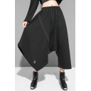 Girls Black Pants Elastic Waist Contrast Stitch Hollow Out Cropped Asymmetric Baggy Unique Pants