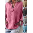 Ladies Simple Shirt Solid Color Long Sleeve V-neck Loose Fit Shirt Top