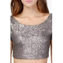 Womens Cool Metallic Color Silver Round Neck Cropped Casual Tee
