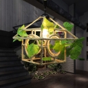 1-Bulb Ceiling Hang Light Cabin Bedroom Plant Pendulum Light with House Rope Shade in Beige
