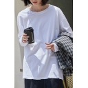 Casual Tee Top White Long Sleeve Crew Neck Relaxed Fit Slit Sides T Shirt for Girls