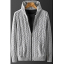 Fancy Mens Cardigan Solid Color Cable Knit Zip Closure Ribbed Trim Long Sleeves Stand Collar Regular Fitted Cardigan