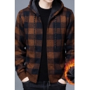 Casual Mens Jacket Plaid Print Long Sleeve Hooded Sherpa Liner Zipper Front Relaxed Jacket