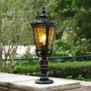 Single Amber Ripped Glass Post Lamp Retro Black Tapered Backyard Landscape Lighting, 8.5
