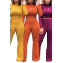 Stylish Womens Set Solid Color Ribbed Long Sleeve Mock Neck Fit Crop Tee & Wide-leg Pants Co-ords