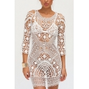Classic Womens Dress Hollow out Crochet Backless Half Sleeve Short Regular Fitted Round Neck Beach Cover up Dress
