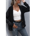 Elegant Solid Color Long Sleeve Button-up Knit Relaxed Black Cardigan for Ladies
