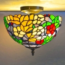 Bowl Semi Flush Ceiling Lamp Tiffany Stained Glass 2-Head Black Flush Mount Light Fixture