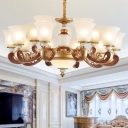 Scalloped Ribbed Frosted Glass Chandelier Traditional 10/12/15-Light Bedroom Suspension Light in Gold