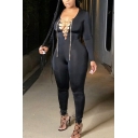 Trendy Women's Jumpsuit Solid Color Lace up Front Round Neck Long Sleeves Slim Fitted Jumpsuit