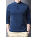 Mens Basic Tee Top Solid Color Long Sleeve Stand Collar Button Up Slim Fit T Shirt