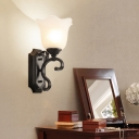 Sandblasted Glass Floral Wall Light Kit Rustic 1/2-Light Foyer Wall Mounted Lamp in Black