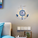 Anchor Shaped Clock Wall Light Kids Wooden Blue LED Flush Wall Sconce in Warm/White Light